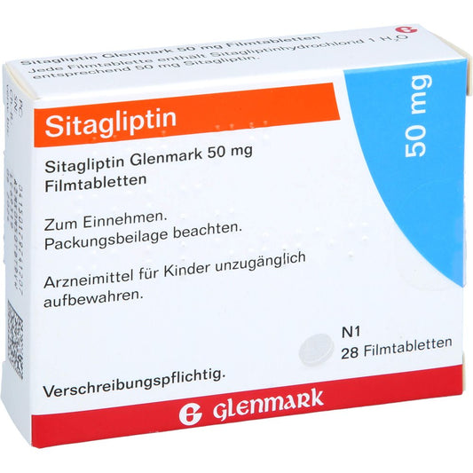 Das Produktfoto zeigt Sitagliptin Glenmark 50 Mg Filmtabletten (28 stk) PZN 17974120