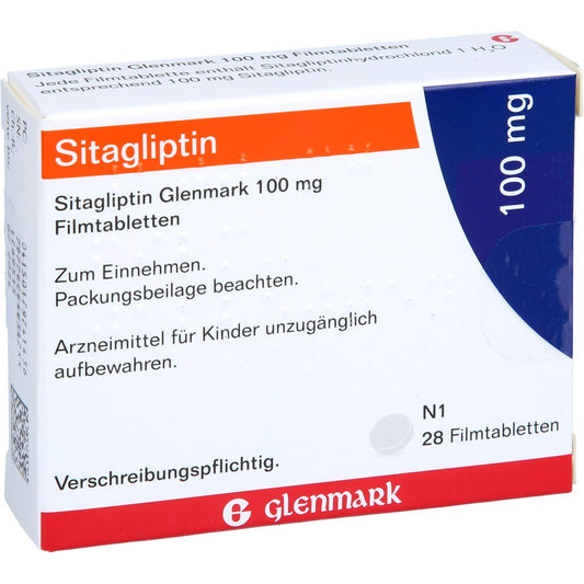 Das Produktfoto zeigt Sitagliptin Glenmark 100 Mg Filmtabletten (28 stk) PZN 17974143
