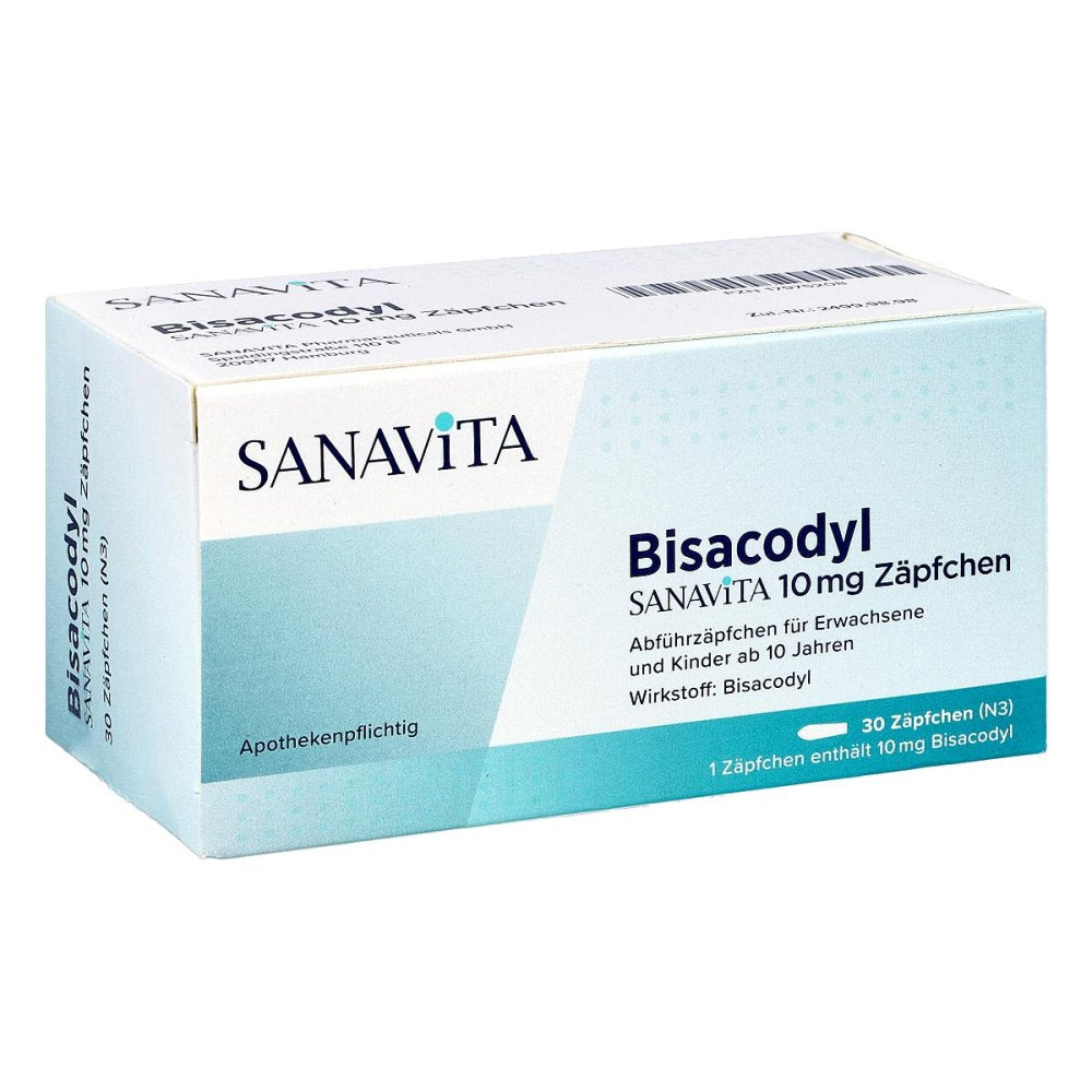 Das Produktfoto zeigt Bisacodyl Sanavita 10 Mg Zäpfchen (30 stk) PZN 17975208