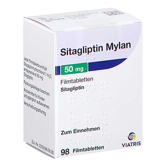 Das Produktfoto zeigt Sitagliptin Mylan 50 Mg Filmtabletten (98 stk) PZN 17975361