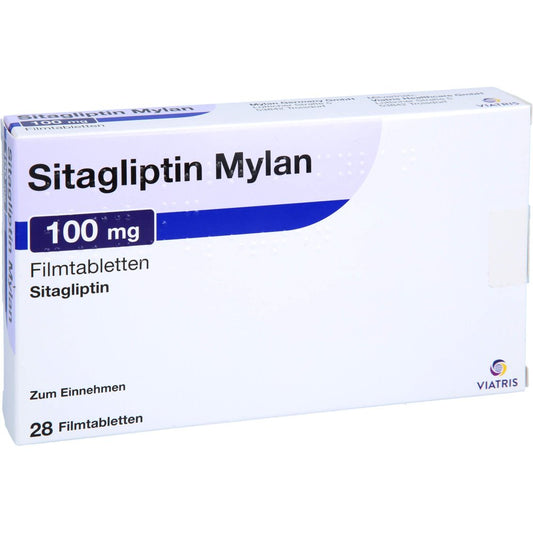 Das Produktfoto zeigt Sitagliptin Mylan 100 Mg Filmtabletten (28 stk) PZN 17975378