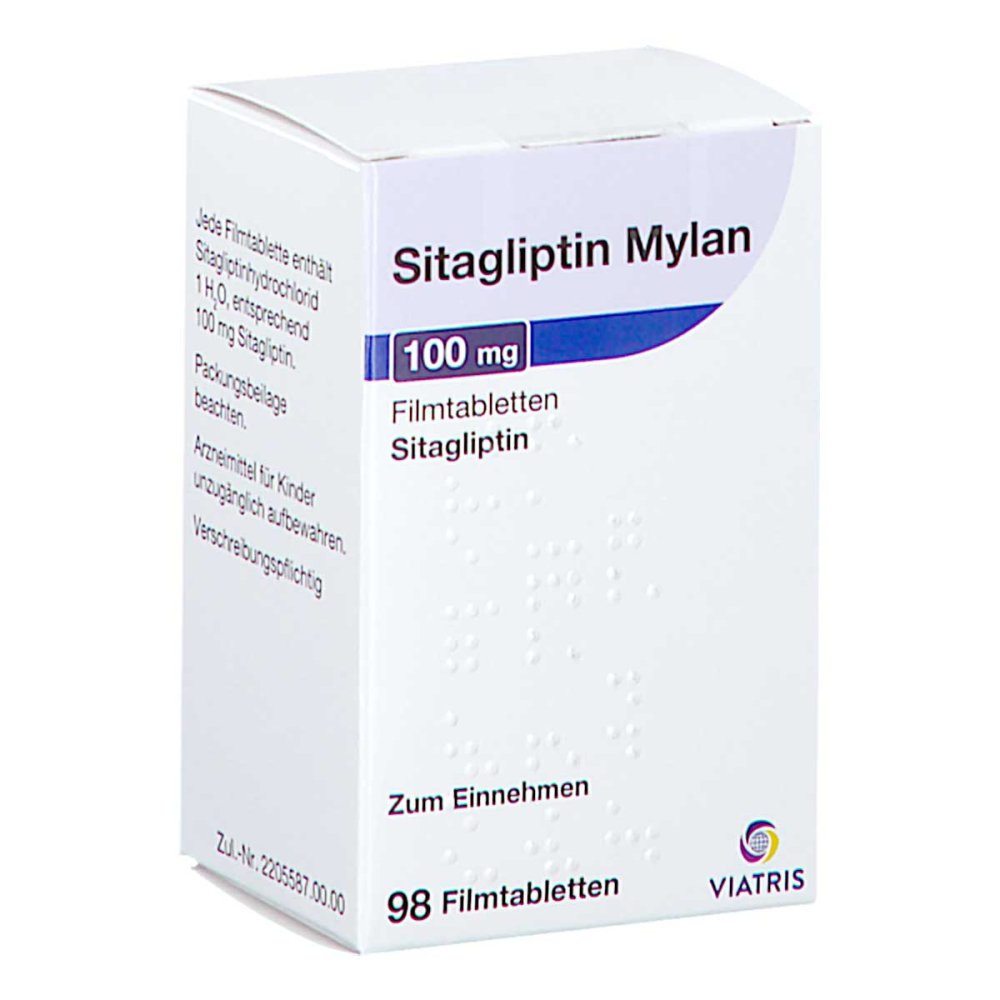 Das Produktfoto zeigt Sitagliptin Mylan 100 Mg Filmtabletten (98 stk) PZN 17975390
