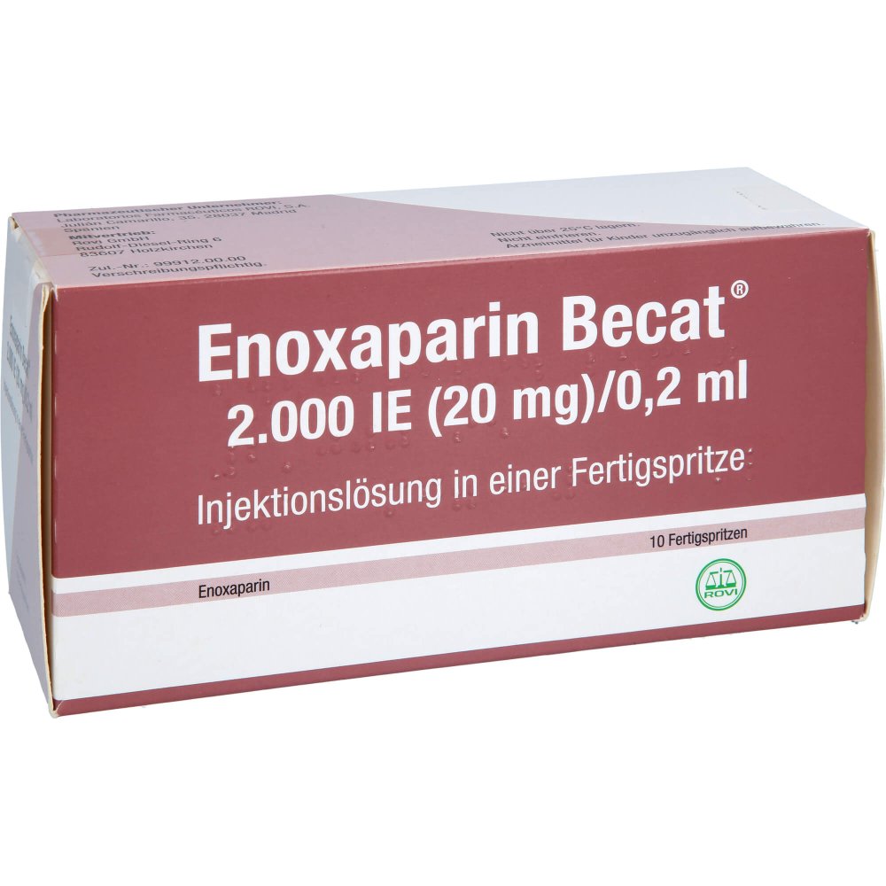 Das Produktfoto zeigt Enoxaparin Becat 2.000 I.E. 20mg/0,2ml Inj.-Lsg.Fs (10 stk) PZN 17976314