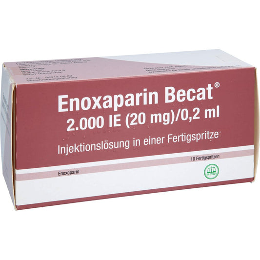Das Produktfoto zeigt Enoxaparin Becat 2.000 I.E. 20mg/0,2ml Inj.-Lsg.Fs (10 stk) PZN 17976314