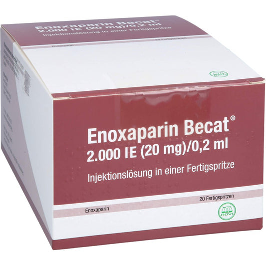 Das Produktfoto zeigt Enoxaparin Becat 2.000 I.E. 20mg/0,2ml Inj.-Lsg.Fs (20 stk) PZN 17976320