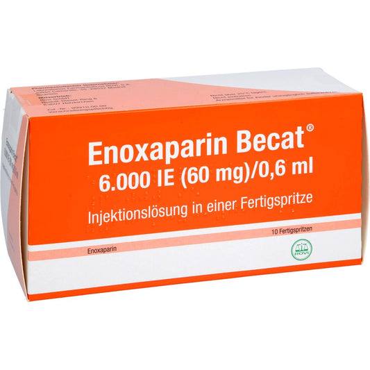 Das Produktfoto zeigt Enoxaparin Becat 6.000 I.E. 60mg/0,6ml Inj.-Lsg.Fs (10 stk) PZN 17976389