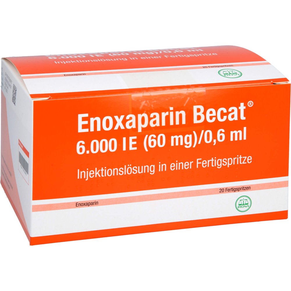 Das Produktfoto zeigt Enoxaparin Becat 6.000 I.E. 60mg/0,6ml Inj.-Lsg.Fs (20 stk) PZN 17976395