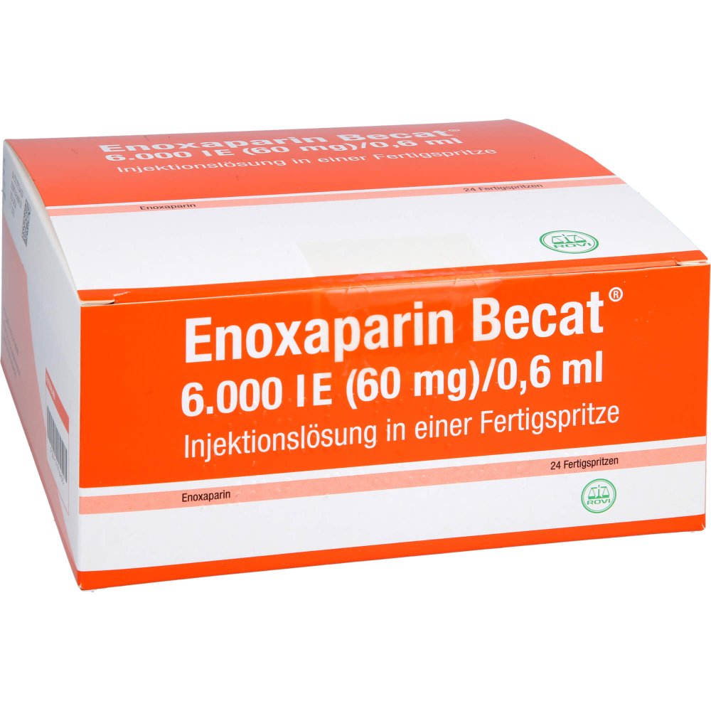 Das Produktfoto zeigt Enoxaparin Becat 6.000 I.E. 60mg/0,6ml Inj.-Lsg.Fs (24 stk) PZN 17976403