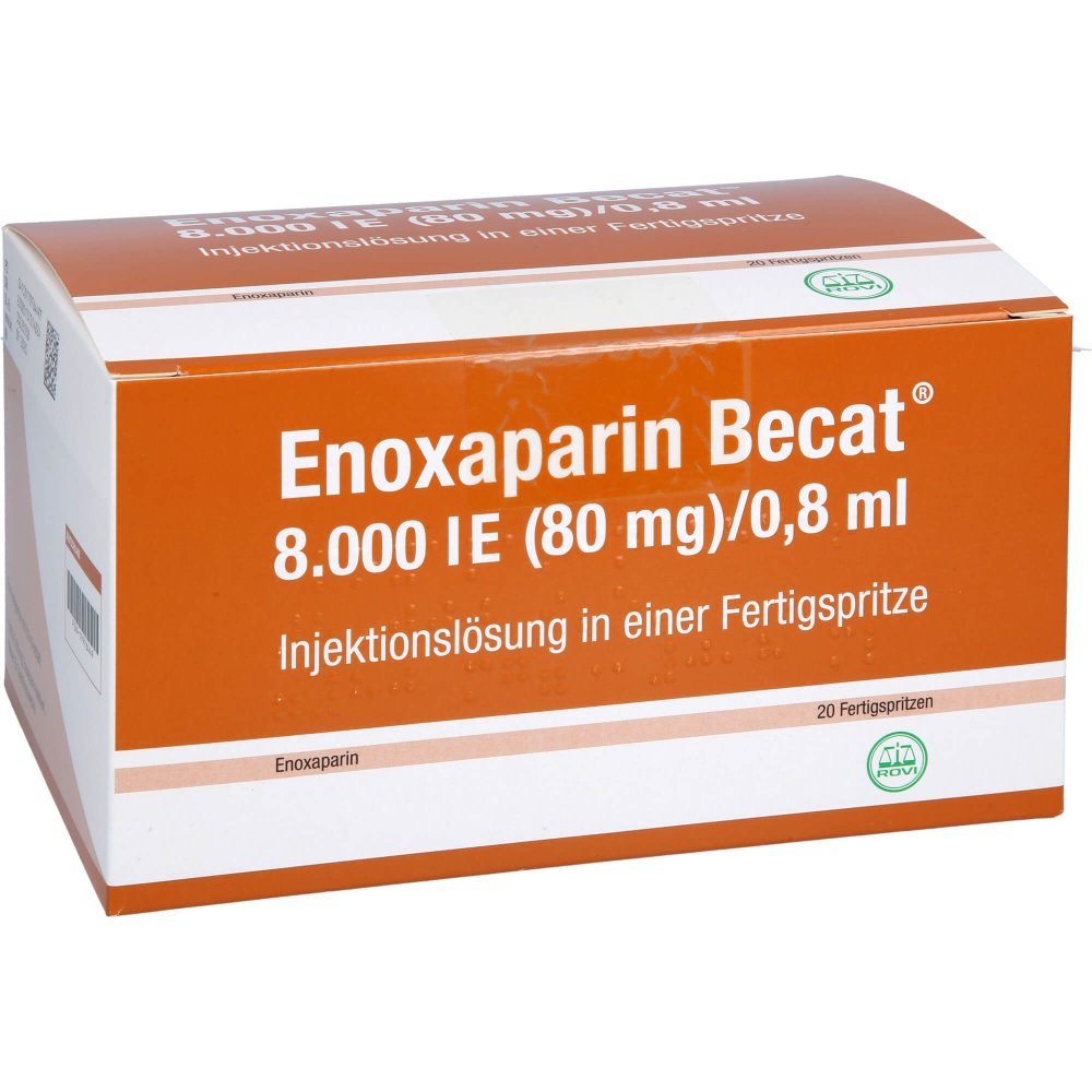 Das Produktfoto zeigt Enoxaparin Becat 8.000 I.E. 80mg/0,8ml Inj.-Lsg.Fs (20 stk) PZN 17976449