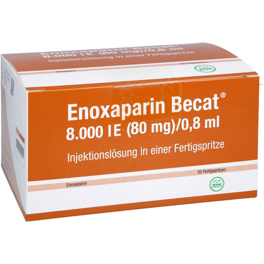Das Produktfoto zeigt Enoxaparin Becat 8.000 I.E. 80mg/0,8ml Inj.-Lsg.Fs (20 stk) PZN 17976449