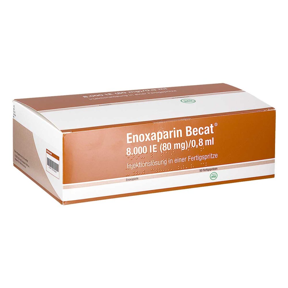 Das Produktfoto zeigt Enoxaparin Becat 8.000 I.E. 80mg/0,8ml Inj.-Lsg.Fs (50 stk) PZN 17976461