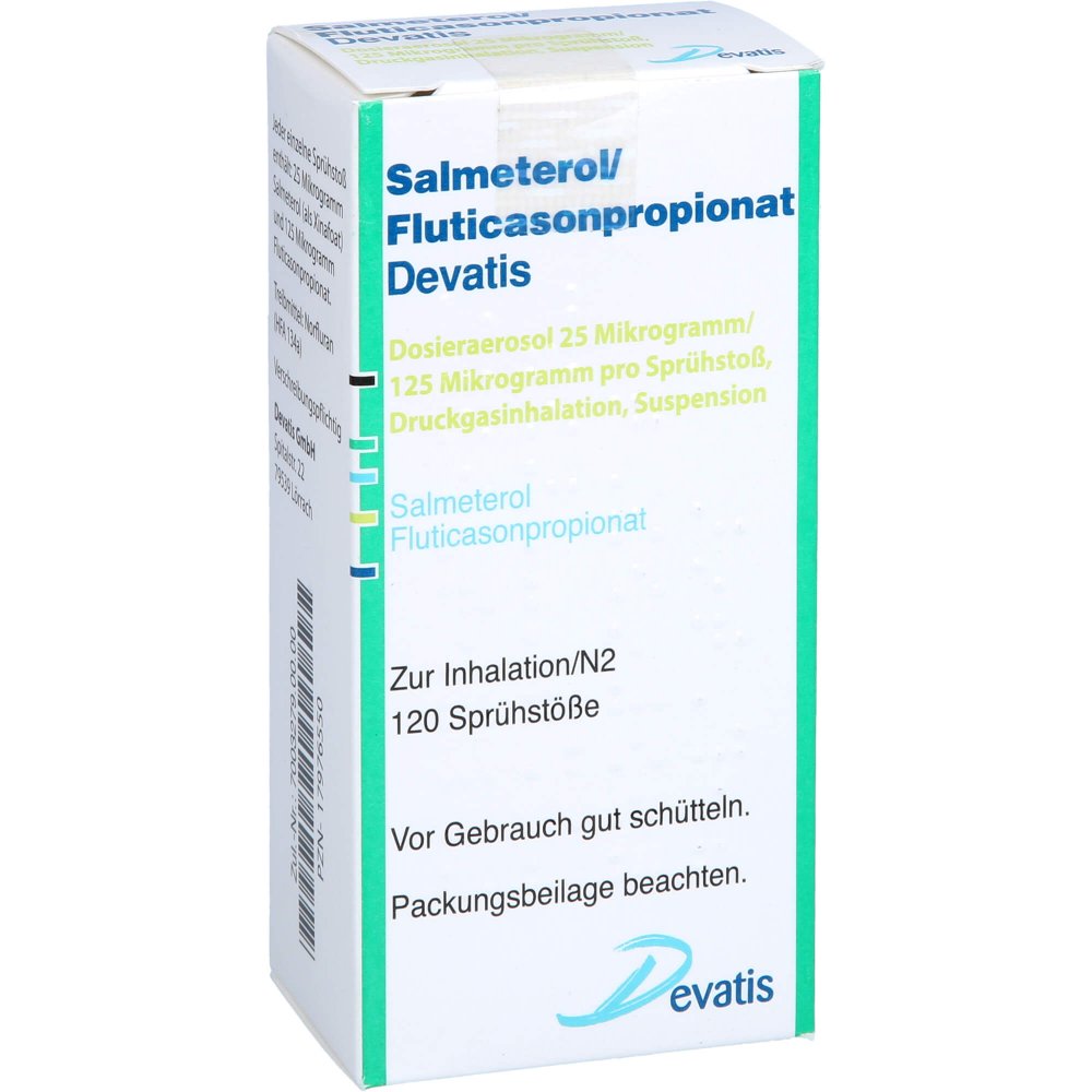 Das Produktfoto zeigt Salmeterol/Fluticasonpropionat Devatis 25μg/125μg (1 stk) PZN 17976550