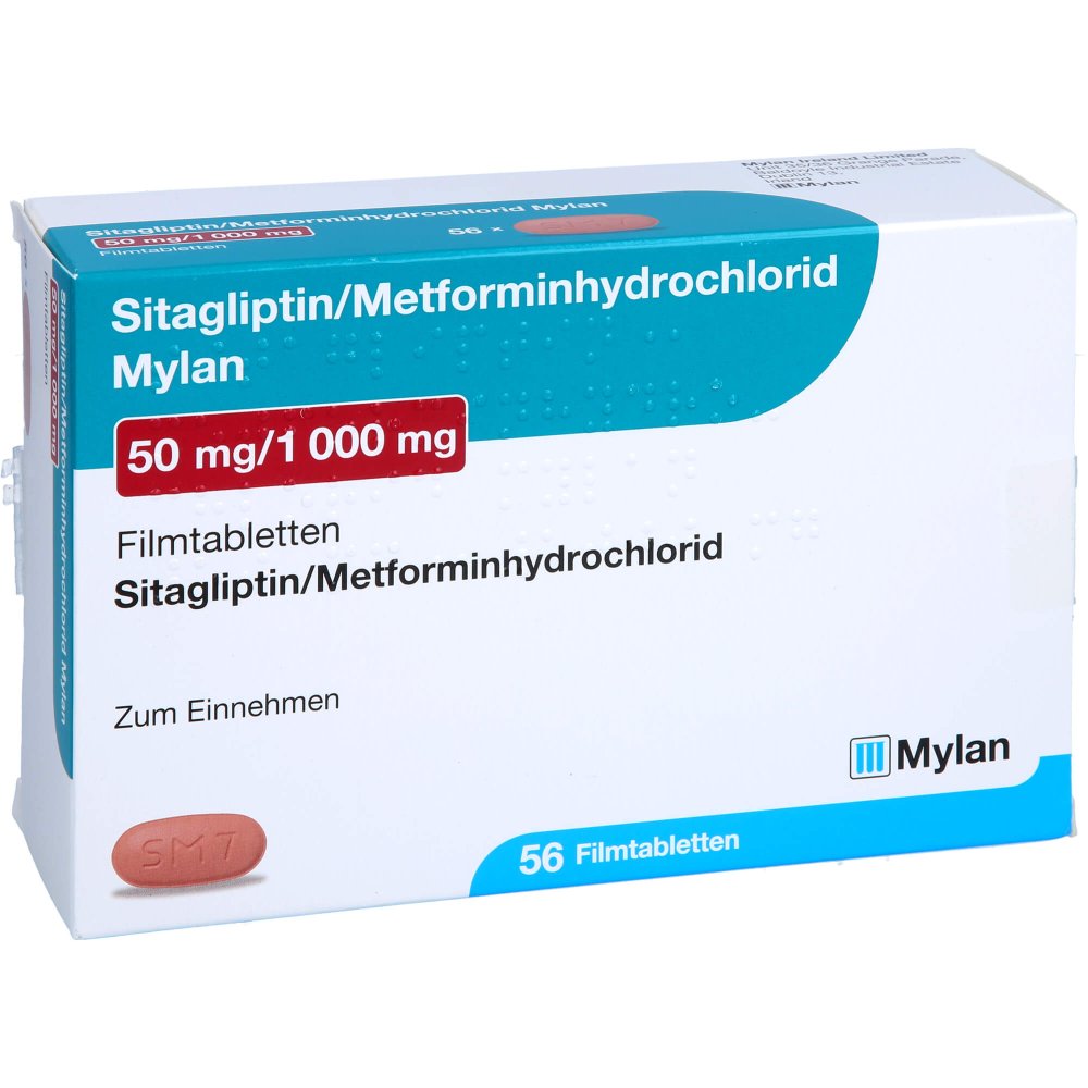 Das Produktfoto zeigt Sitagliptin Metformin-Hcl Mylan 50 Mg/1000 Mg Fta (56 stk) PZN 17987105