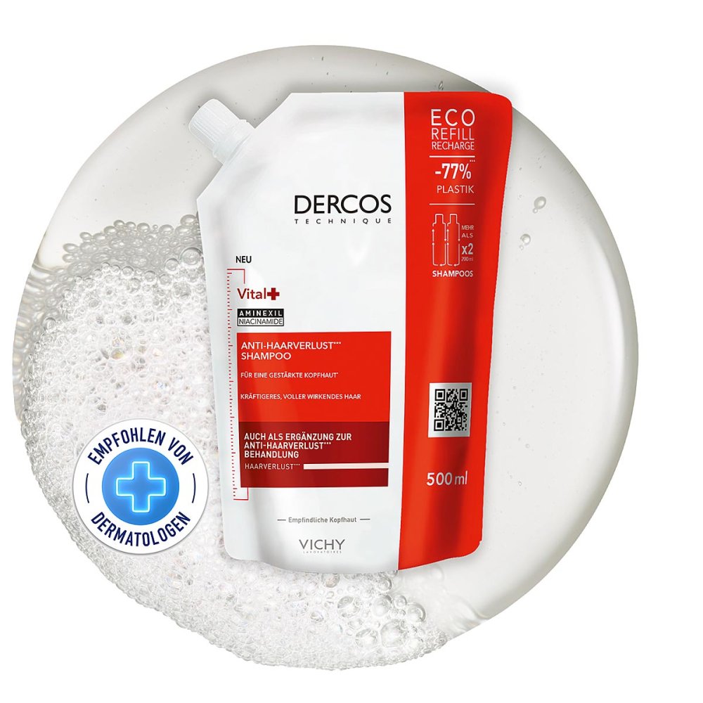 Das Produktfoto zeigt Vichy Dercos Vital-Shampoo+Nachfüllpack (500 ml) PZN 17987513