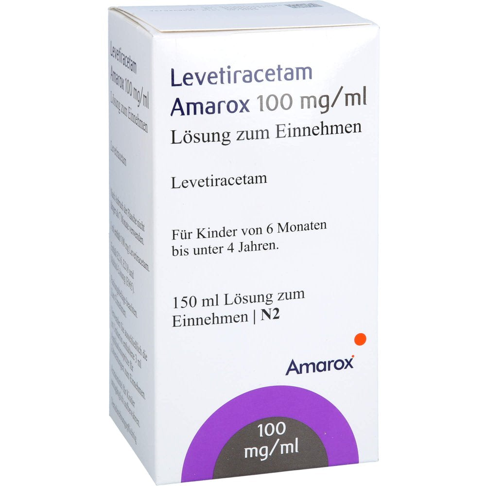 Das Produktfoto zeigt Levetiracetam Amarox 100 Mg/Ml L.Z.E.3ml Dos.Spr. (150 ml) PZN 17991609