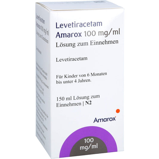 Das Produktfoto zeigt Levetiracetam Amarox 100 Mg/Ml L.Z.E.3ml Dos.Spr. (150 ml) PZN 17991609
