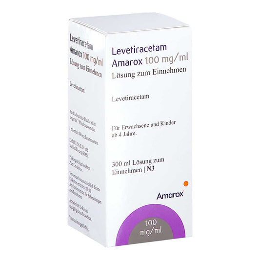 Das Produktfoto zeigt Levetiracetam Amarox 100 Mg/Ml L.Z.E.10ml Dos.Spr. (300 ml) PZN 17991615