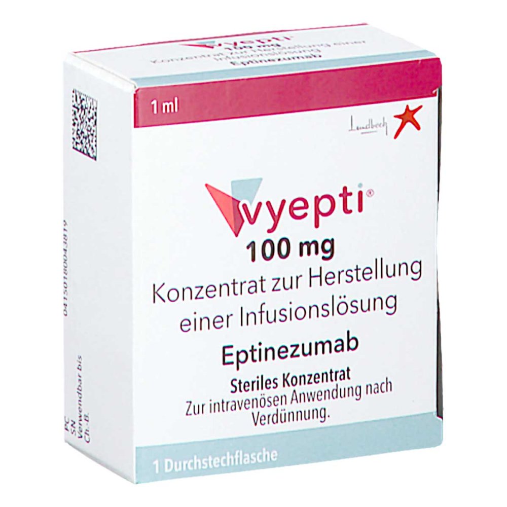 Das Produktfoto zeigt Vyepti 100 Mg Konz.Z.Herst.E.Infusionslösung Dsfl. (1 stk) PZN 18004381