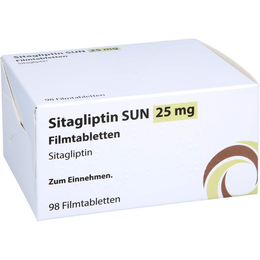 Das Produktfoto zeigt Sitagliptin Sun 25 Mg Filmtabletten (98 stk) PZN 18026974