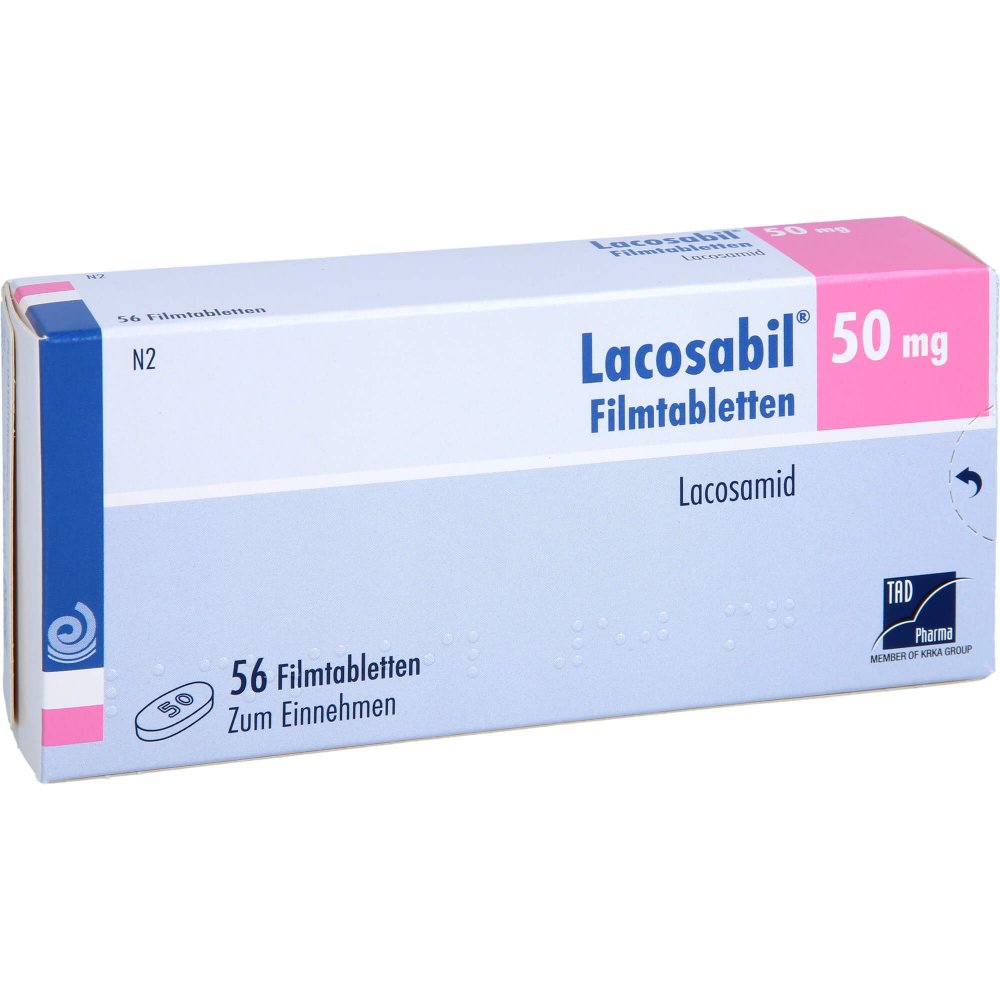 Das Produktfoto zeigt Lacosabil 50 Mg Filmtabletten (56 stk) PZN 18032207