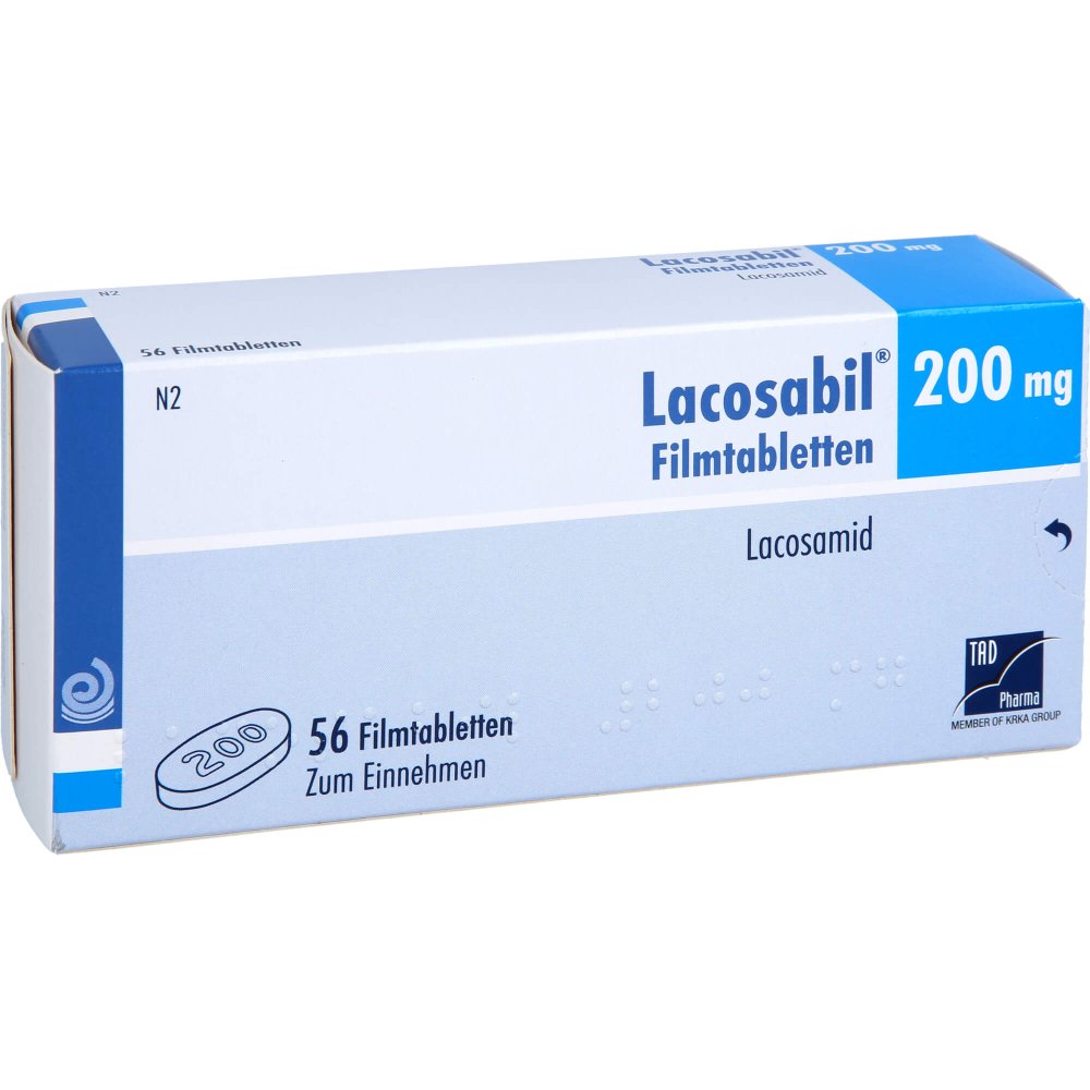 Das Produktfoto zeigt Lacosabil 200 Mg Filmtabletten (56 stk) PZN 18032288
