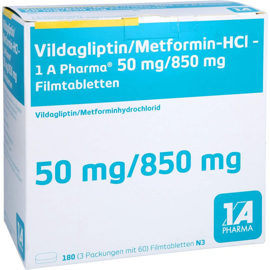Das Produktfoto zeigt Vildagliptin/Metformin-Hcl-1a Pharma 50/850mg Fta (180 stk) PZN 18032940