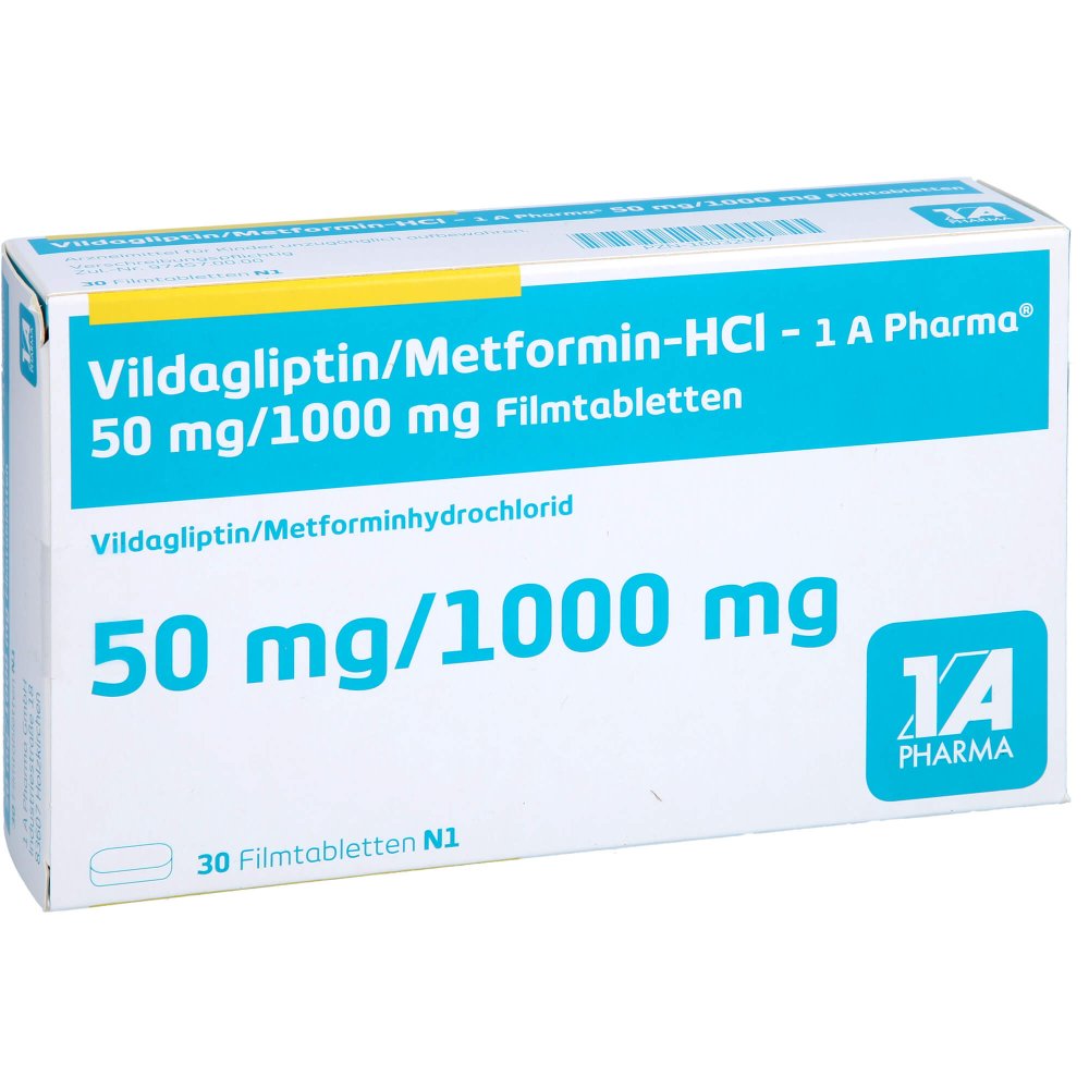 Das Produktfoto zeigt Vildagliptin/Metformin-Hcl-1a Pharma 50/1000mg Fta (30 stk) PZN 18032957