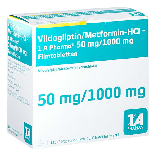 Vildagliptin/Metformin-Hcl-1a Pharma 50/1000mg Fta (180 stk)