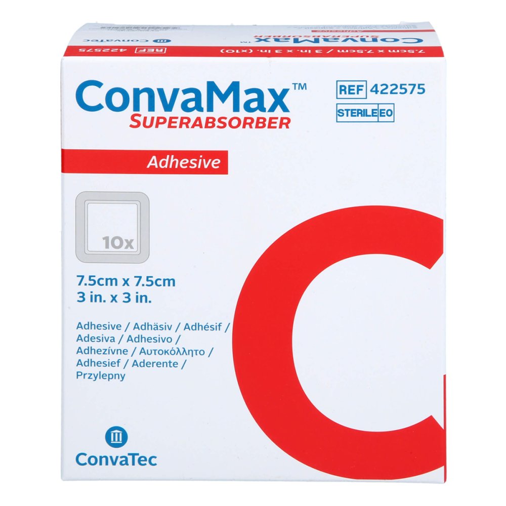 Das Produktfoto zeigt Convamax Superabsorber Adhäsiv 7,5x7,5 Cm (10 stk) PZN 18037506