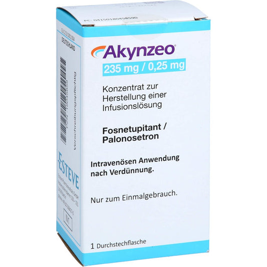 Das Produktfoto zeigt Akynzeo 235 Mg/0,25 Mg Konz.Z.Herst.E.Inf.-Lsg. (1 stk) PZN 18045859