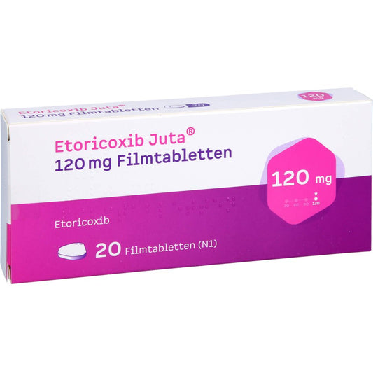 Das Produktfoto zeigt Etoricoxib Juta 120 Mg Filmtabletten (20 stk) PZN 18050122