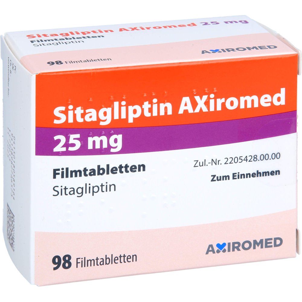 Das Produktfoto zeigt Sitagliptin Axiromed 25 Mg Filmtabletten (98 stk) PZN 18058916