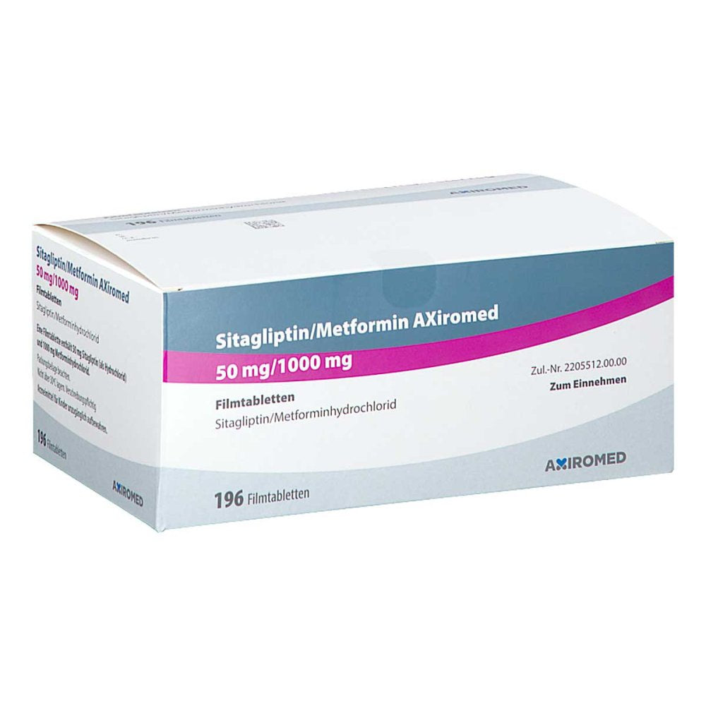 Das Produktfoto zeigt Sitagliptin/Metformin Axiromed 50 Mg/1000 Mg Fta (196 stk) PZN 18058997