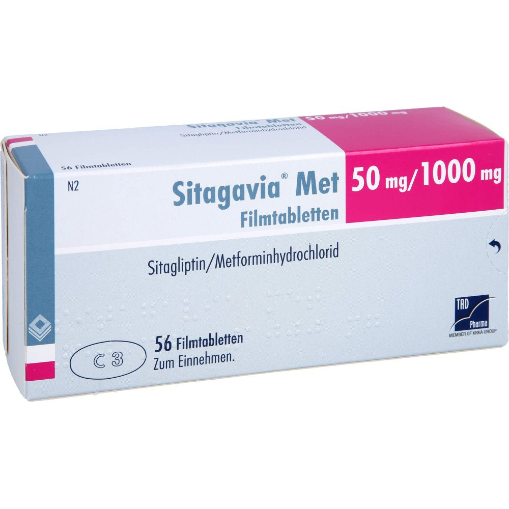 Das Produktfoto zeigt Sitagavia Met 50 Mg/1000 Mg Filmtabletten (56 stk) PZN 18061692