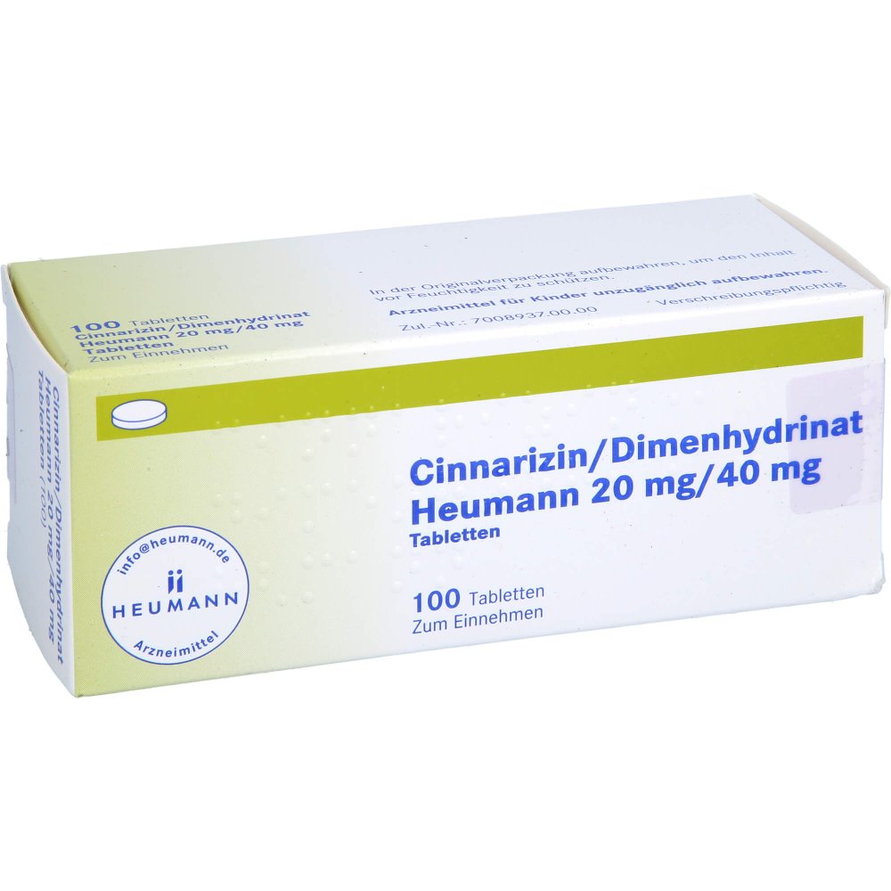 Das Produktfoto zeigt Cinnarizin/Dimenhydrinat Heumann 20 Mg/40 Mg Tabl. (100 stk) PZN 18074068
