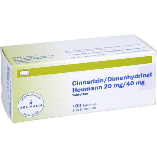 Das Produktfoto zeigt Cinnarizin/Dimenhydrinat Heumann 20 Mg/40 Mg Tabl. (100 stk) PZN 18074068