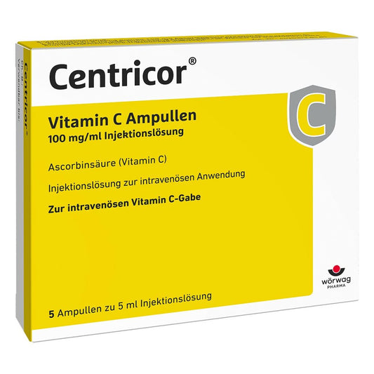 Das Produktfoto zeigt Centricor Vitamin C Ampullen 100 Mg/Ml Inj.-Lsg. (5X5 ml) PZN 18075659