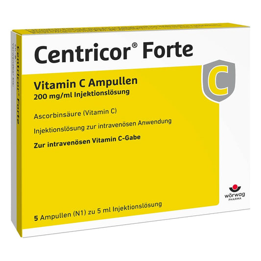 Das Produktfoto zeigt Centricor Forte Vitamin C Amp. 200 Mg/Ml Inj.-Lsg. (5X5 ml) PZN 18075671