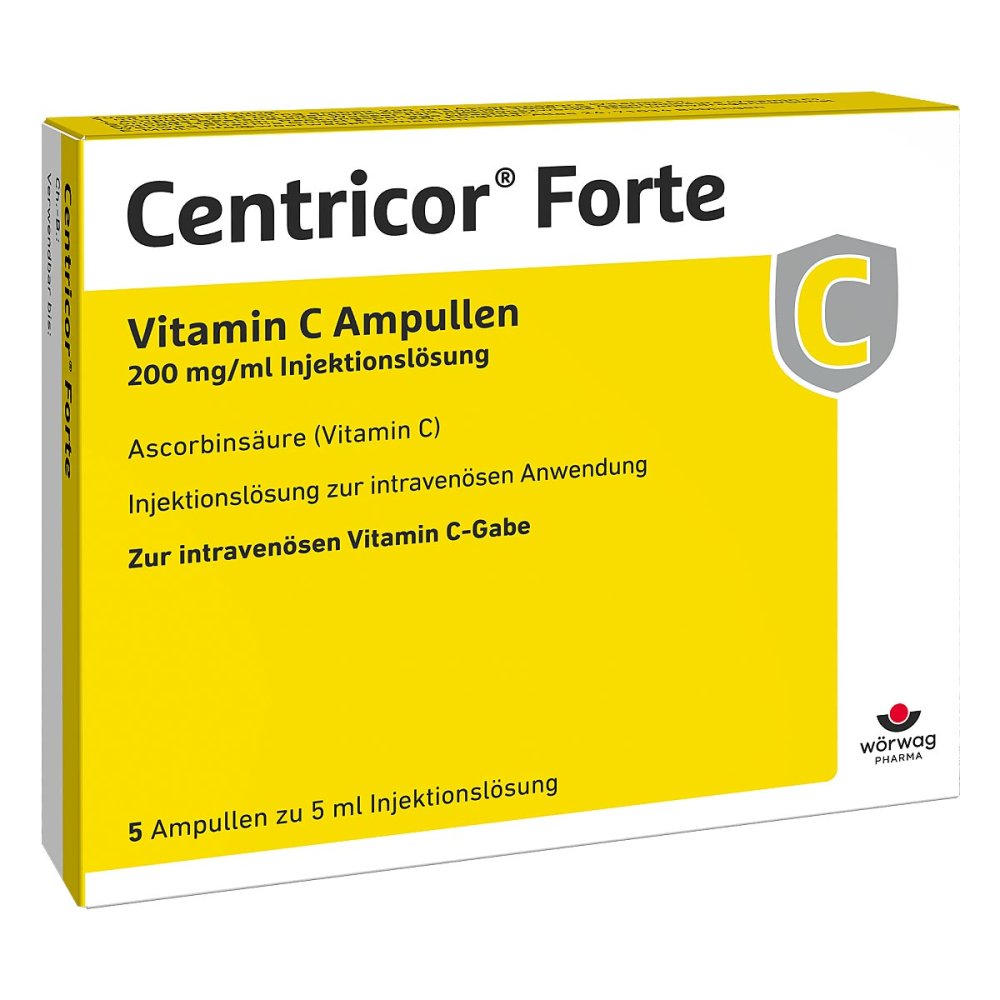 Das Produktfoto zeigt Centricor Forte Vitamin C Amp. 200 Mg/Ml Inj.-Lsg. (50X5 ml) PZN 18075688