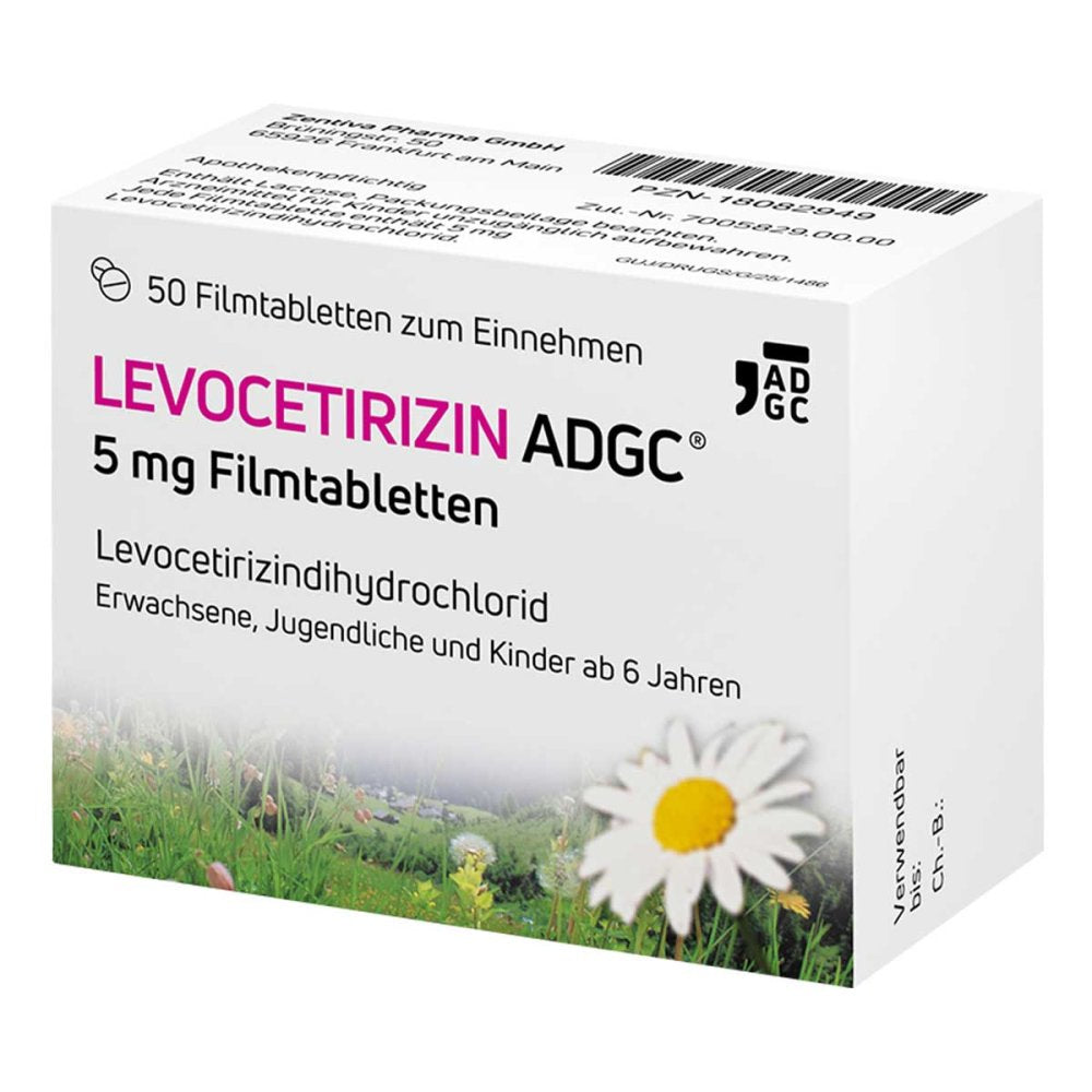 Das Produktfoto zeigt Levocetirizin Adgc 5 Mg Filmtabletten (50 stk) PZN 18082949
