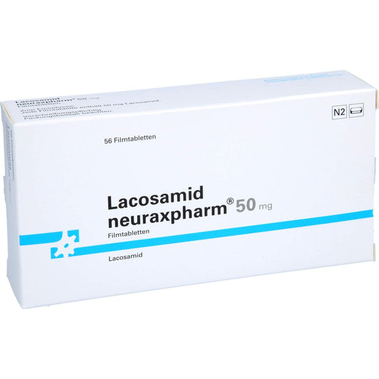 Das Produktfoto zeigt Lacosamid Neuraxpharm 50 Mg Filmtabletten (56 stk) PZN 18085741