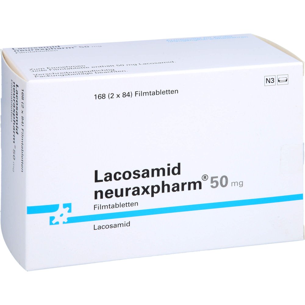 Das Produktfoto zeigt Lacosamid Neuraxpharm 50 Mg Filmtabletten (168 stk) PZN 18085758