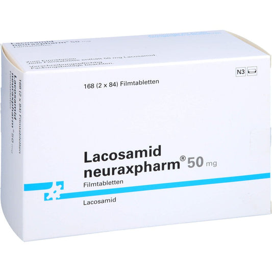 Das Produktfoto zeigt Lacosamid Neuraxpharm 50 Mg Filmtabletten (168 stk) PZN 18085758