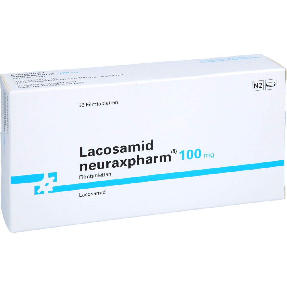 Das Produktfoto zeigt Lacosamid Neuraxpharm 100 Mg Filmtabletten (56 stk) PZN 18085770