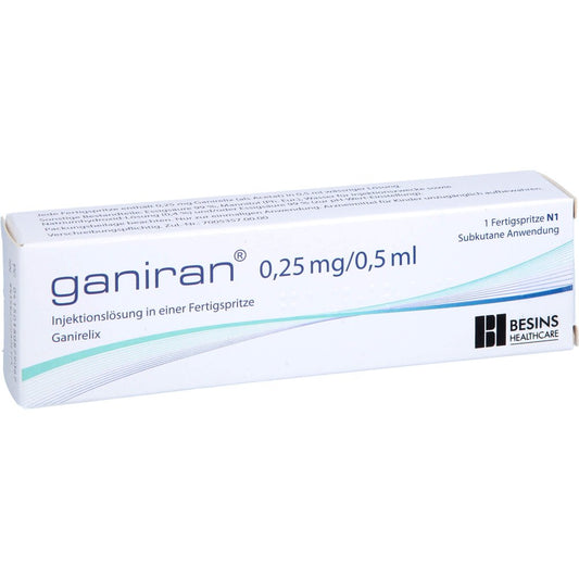 Das Produktfoto zeigt Ganiran 0,25 Mg/0,5 Ml Inj.-Lsg.I.E.Fertigspr. (1X1 stk) PZN 18087906