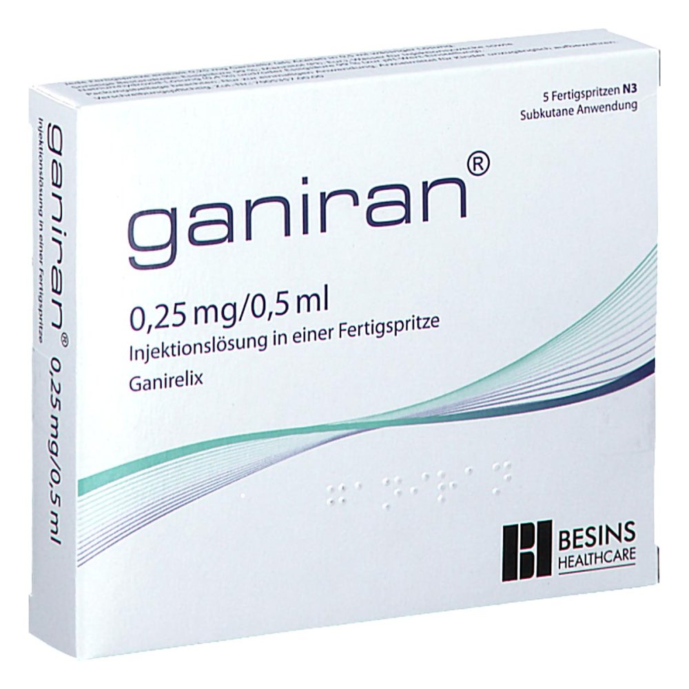 Das Produktfoto zeigt Ganiran 0,25 Mg/0,5 Ml Inj.-Lsg.I.E.Fertigspr. (1X5 stk) PZN 18087912