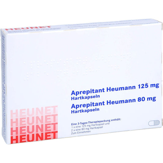 Das Produktfoto zeigt Aprepitant Heumann 125 Mg/80 Mg Hartkapseln Heunet (3 stk) PZN 18093060