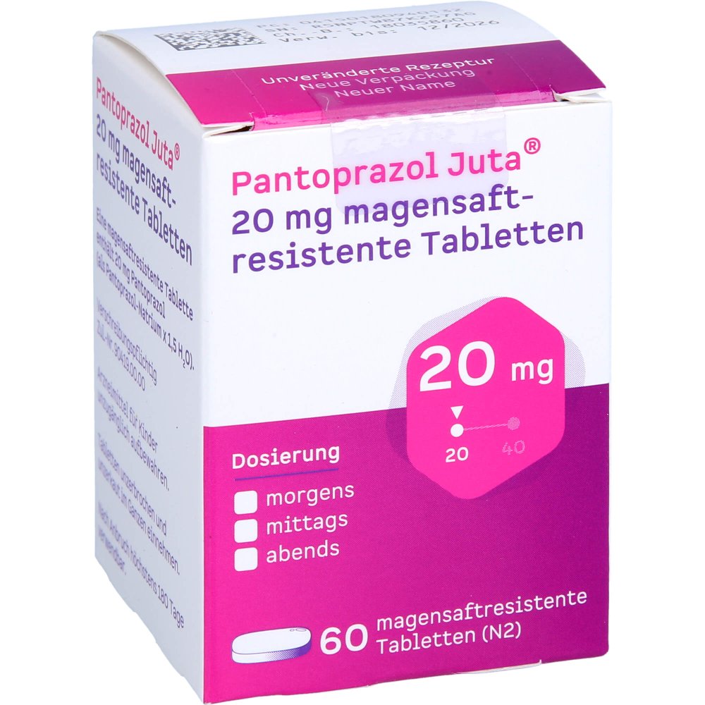 Das Produktfoto zeigt Pantoprazol Juta 20 Mg Magensaftres.Tabletten (60 stk) PZN 18094013