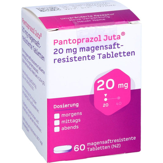 Das Produktfoto zeigt Pantoprazol Juta 20 Mg Magensaftres.Tabletten (60 stk) PZN 18094013
