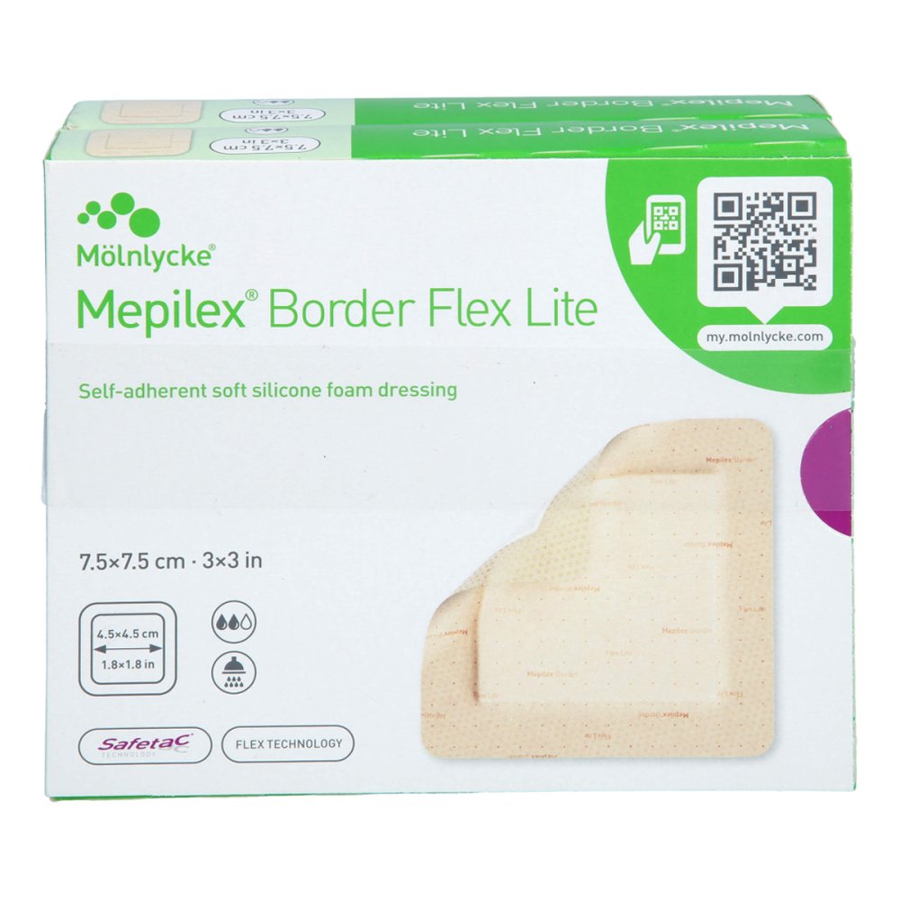 Das Produktfoto zeigt Mepilex Border Flex Lite Schaumverband 7,5x7,5 Cm (10 stk) PZN 18105751